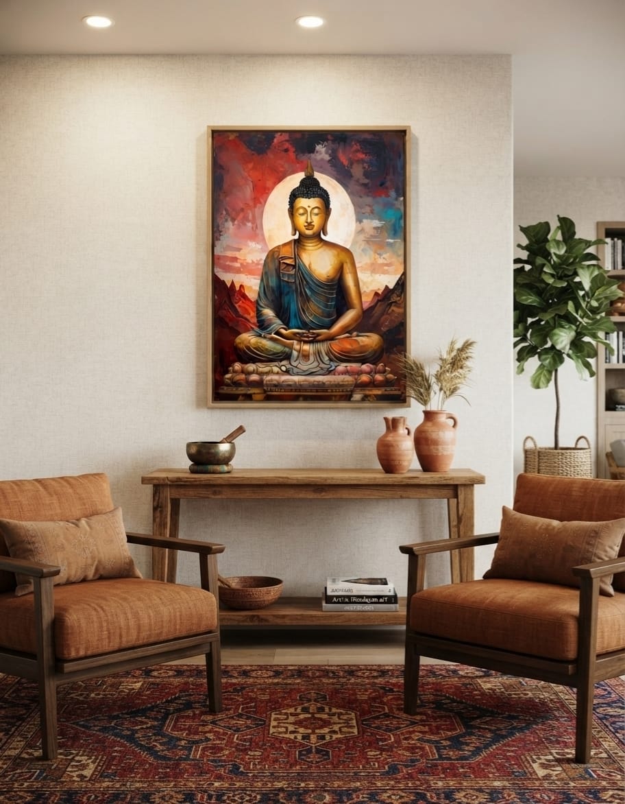 Golden Meditating Buddha Canvas Print - Radiant Full Moon & Mountain Spiritual Wall Art