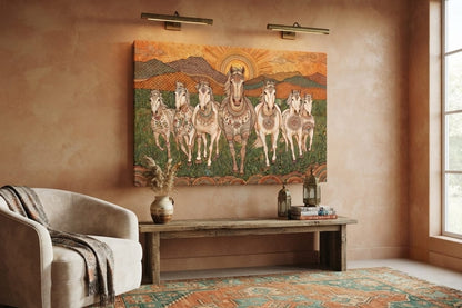 7 White Horses Folk Art Canvas Print - Ornamental Paisley Vastu Stallions Wall Decor
