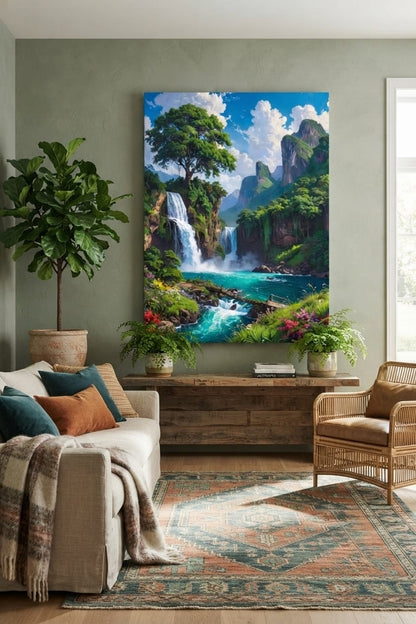 Lush Tropical Waterfall Canvas Print - Mountain Oasis & Turquoise River Landscape Wall Art