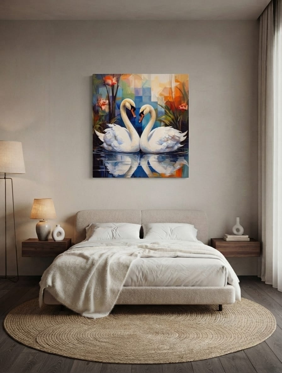 Pair of White Swans Canvas Print - Modern Cubist Floral Lake Reflection Wall Art