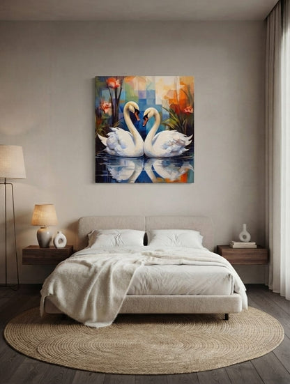 Pair of White Swans Canvas Print - Modern Cubist Floral Lake Reflection Wall Art