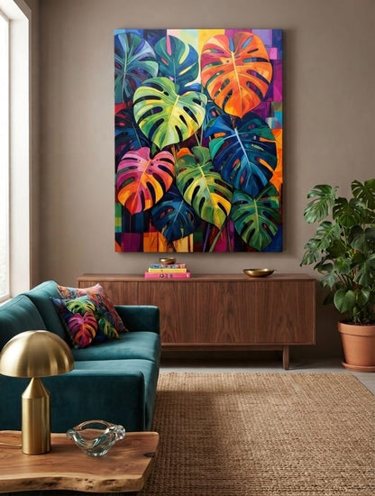 Vibrant Rainbow Monstera Leaves Canvas Print - Modern Abstract Tropical Wall Decor