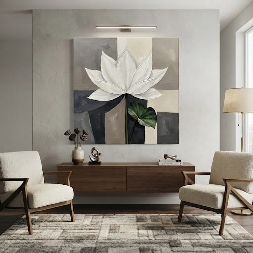 Modern White Lotus Flower Canvas Print - Textured Impasto Botanical Wall Art (Beige or Slate Grey)