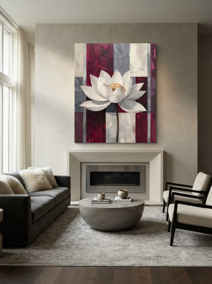 Modern White Lotus Flower Canvas Print - Burgundy Red & Slate Grey Abstract Grid Wall Art