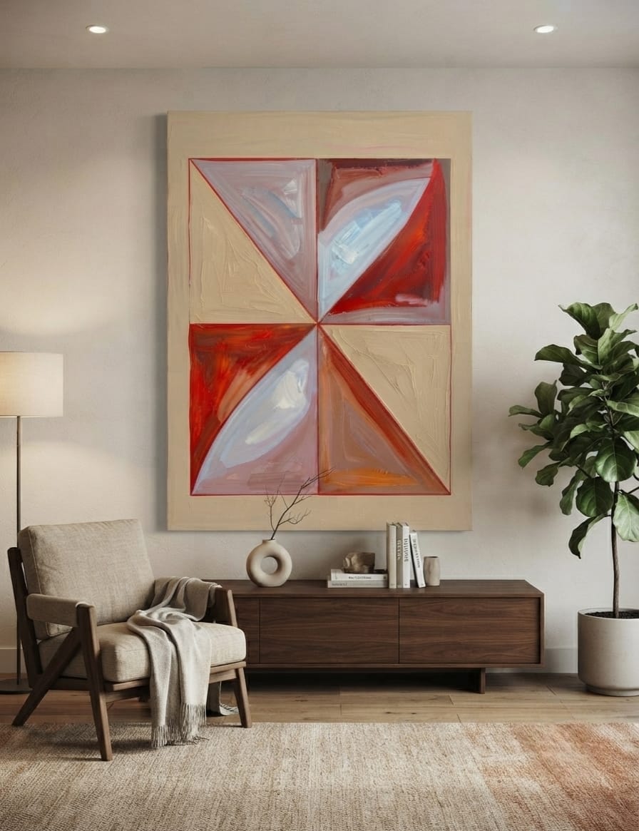 Modern Abstract Geometric Pinwheel Canvas Print - Terracotta Red & Beige Textured Wall Art