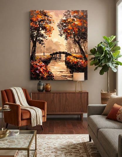 Autumn Park Bridge Canvas Print - Warm Orange & Golden Foliage Landscape Oil Painting Style Print