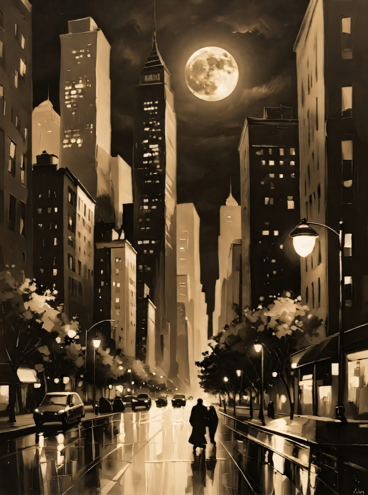 Vintage Sepia Full Moon Cityscape Canvas Print - Noir Night Skyline Wall Art