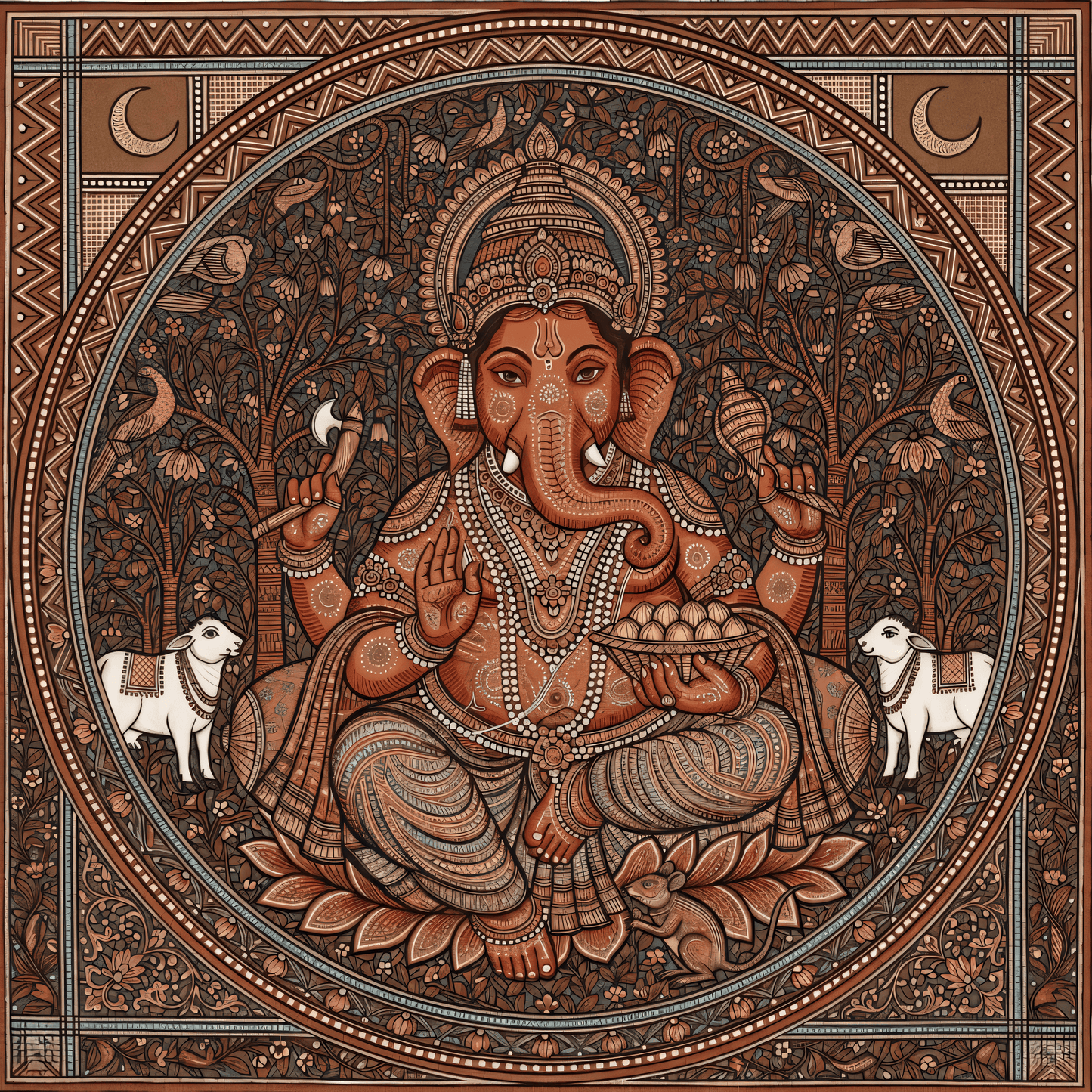 Sacred Mandala: Classical Terracotta and Ochre Ganesha Folklife Wall Art