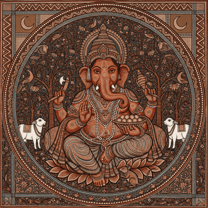Sacred Mandala: Classical Terracotta and Ochre Ganesha Folklife Wall Art